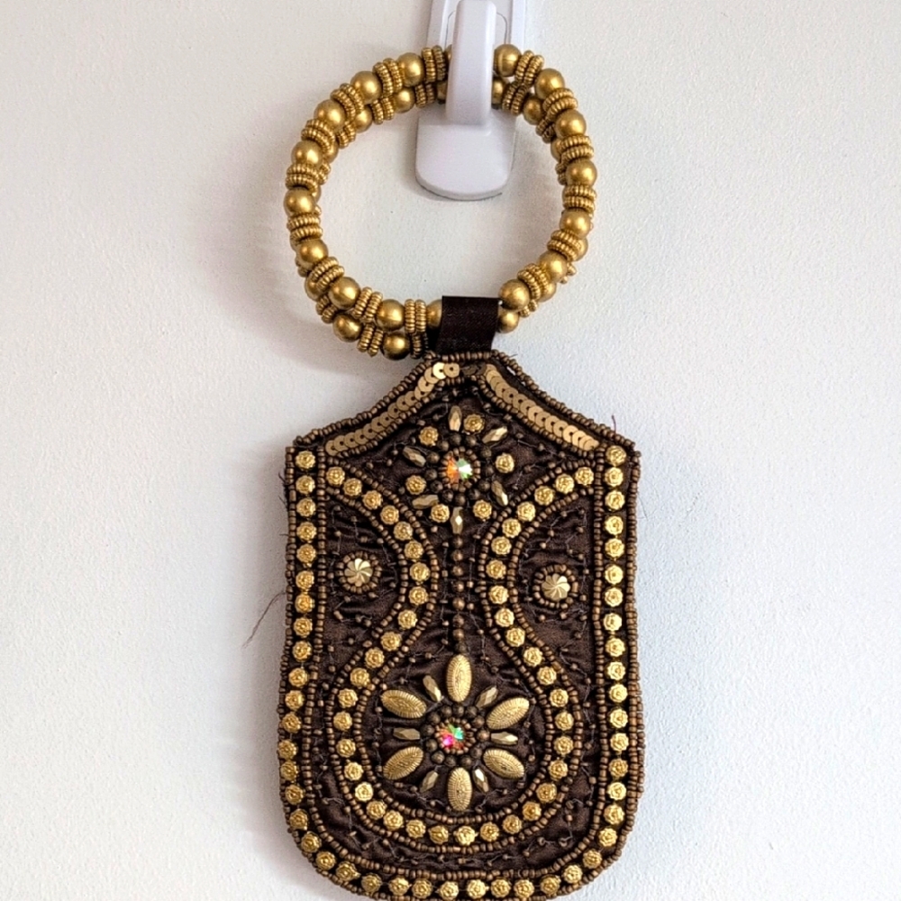 Brown and Gold Embroidered Wristlet with Beaded Ring Handle - Phone Case
